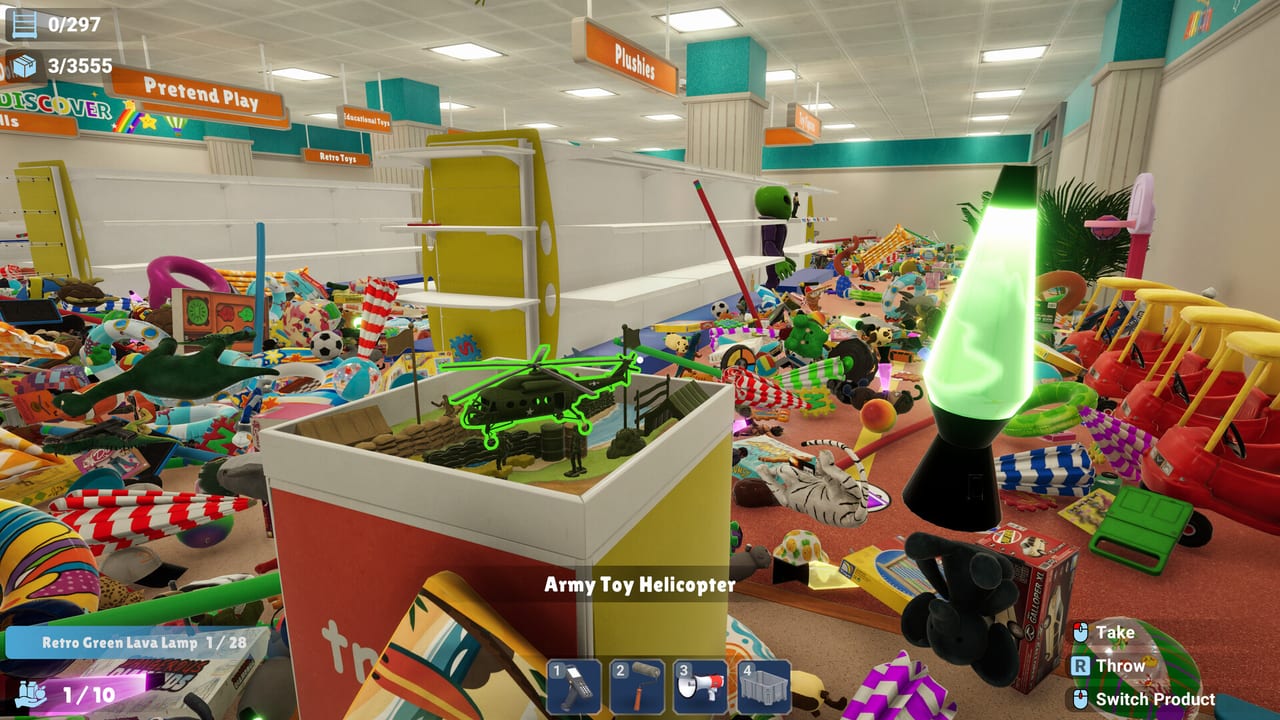 First-person view in the Toy Store holding a lava lamp and a highlighted toy helicopter among scattered products