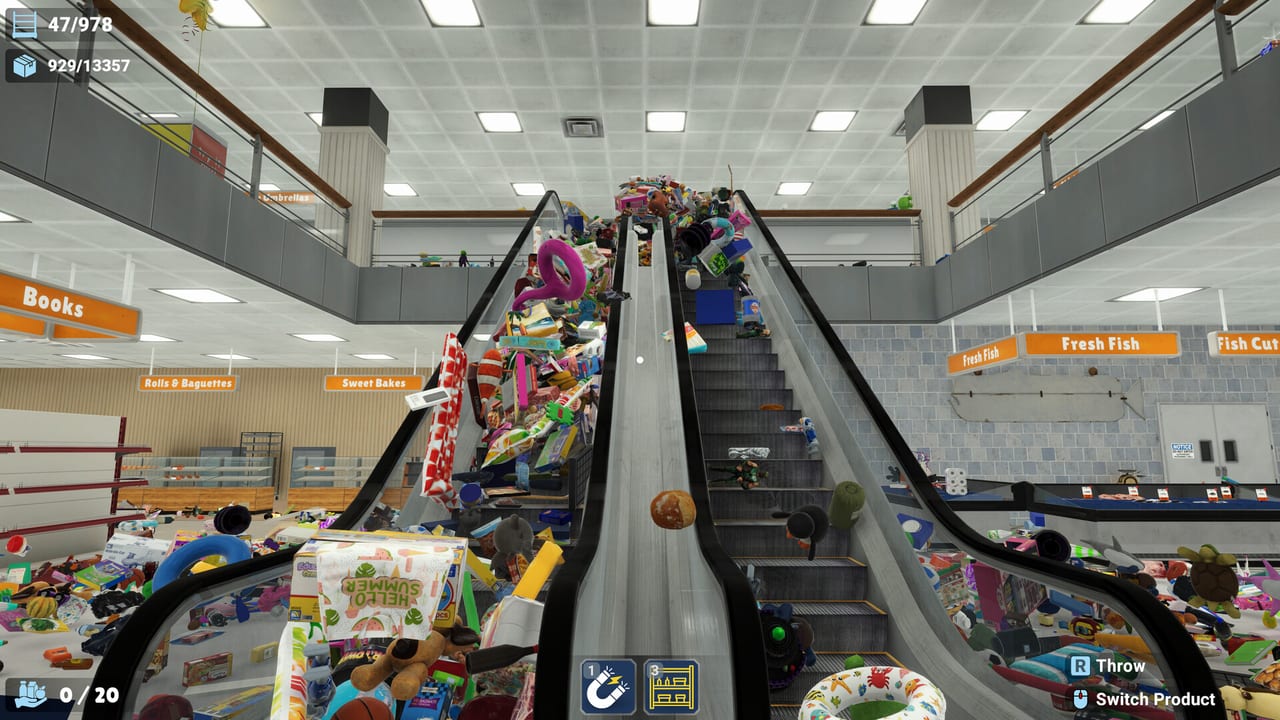 Two-story Megastore atrium with cluttered escalators, department signs, and the item-count HUD
